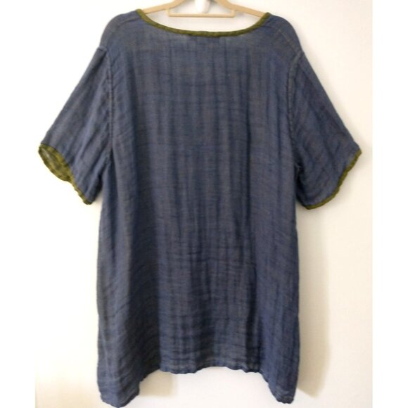 FLAX Long Tunic Top Linen 1/2 Sleeve Blue Green Trim Relaxed - 1G (20/22)  NWT - Picture 6 of 9